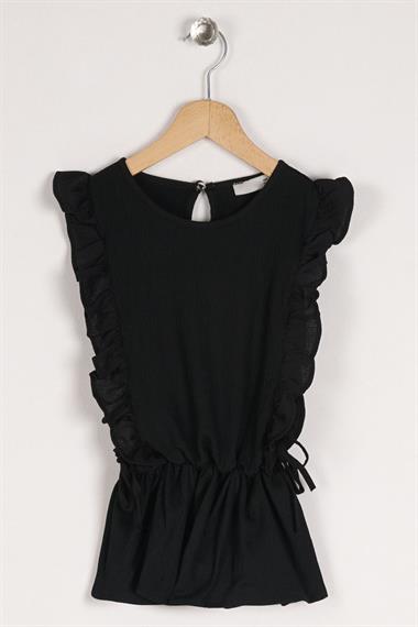 Bisiklet Yaka Fırfır Kol Beli Lastik Detaylı Siyah Renk Kız Çocuk Bluz