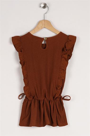 Bisiklet Yaka Fırfır Kol Beli Lastik Detaylı Kahverengi Renk Kız Çocuk Bluz