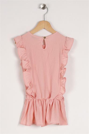 Bisiklet Yaka Fırfır Kol Beli Lastik Detaylı Somon Renk Kız Çocuk Bluz