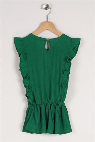 Bisiklet Yaka Fırfır Kol Beli Lastik Detaylı Koyu Yeşil Renk Kız Çocuk Bluz