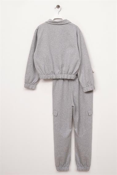 Polo Yaka Uzun Kol Kargo Cepli Paçası Lastikli Gri Renk Kız Çocuk Eşofman Takım