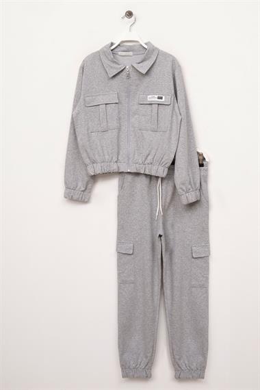 Polo Yaka Uzun Kol Kargo Cepli Paçası Lastikli Gri Renk Kız Çocuk Eşofman Takım