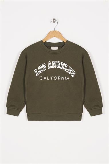 Bisiklet Yaka Uzun Kol Calıfornıa Yazı Baskılı Haki Renk Kız Çocuk Sweatshirt