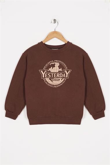 Bisiklet Yaka Uzun Kol Yesterday Yazı Baskılı Kahverengi Renk Kız Çocuk Sweatshirt