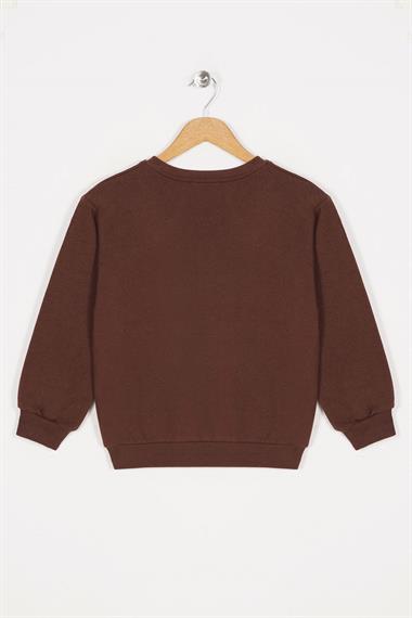 Bisiklet Yaka Uzun Kol Yesterday Yazı Baskılı Kahverengi Renk Kız Çocuk Sweatshirt