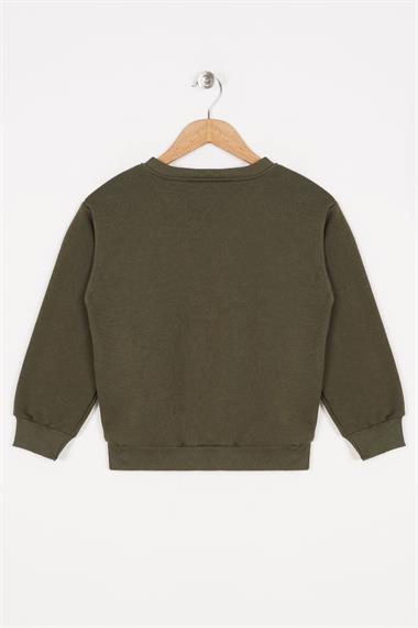 Bisiklet Yaka Uzun Kol Yesterday Yazı Baskılı Haki Renk Kız Çocuk Sweatshirt