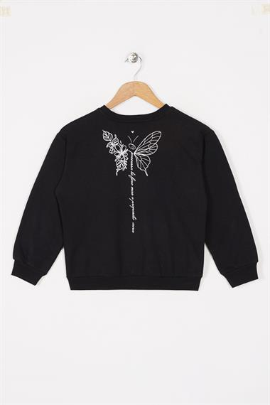 Bisiklet Yaka Uzun Kol Baskılı Siyah Renk Kız Çocuk Sweatshirt
