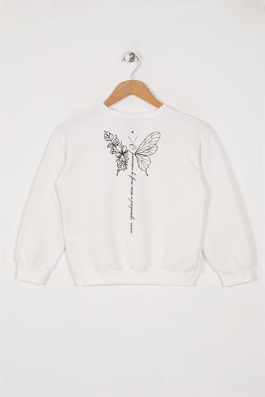 Bisiklet Yaka Uzun Kol Baskılı Ekru Renk Kız Çocuk Sweatshirt