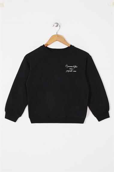 Bisiklet Yaka Uzun Kol Baskılı Siyah Renk Kız Çocuk Sweatshirt