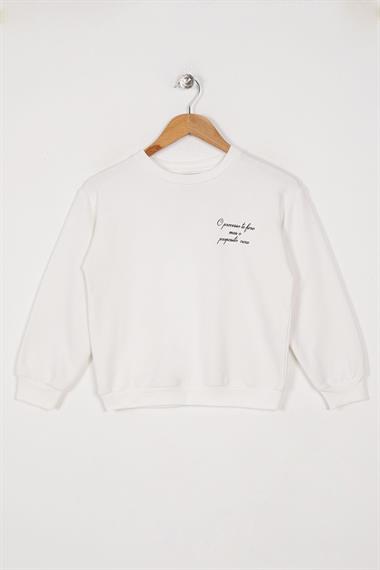 Bisiklet Yaka Uzun Kol Baskılı Ekru Renk Kız Çocuk Sweatshirt