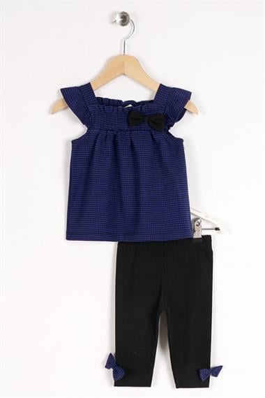 Kare Yaka Pötikareli Omuz Detaylı Saks Siyah Renk Kız Çocuk Taytlı Takım