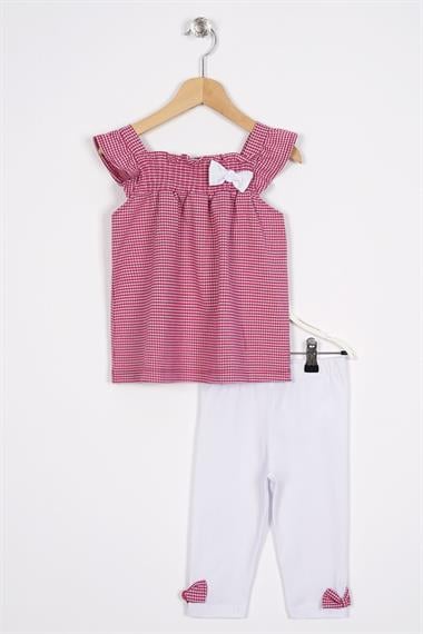 Kare Yaka Pötikareli Omuz Detaylı Fuşya Renk Kız Çocuk Taytlı Takım