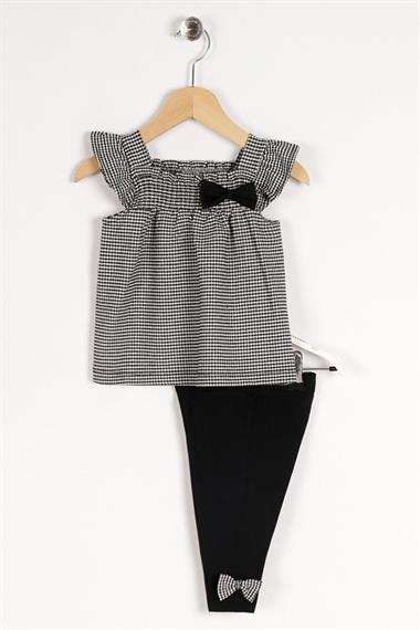 Kare Yaka Pötikareli Omuz Detaylı Siyah Renk Kız Çocuk Taytlı Takım
