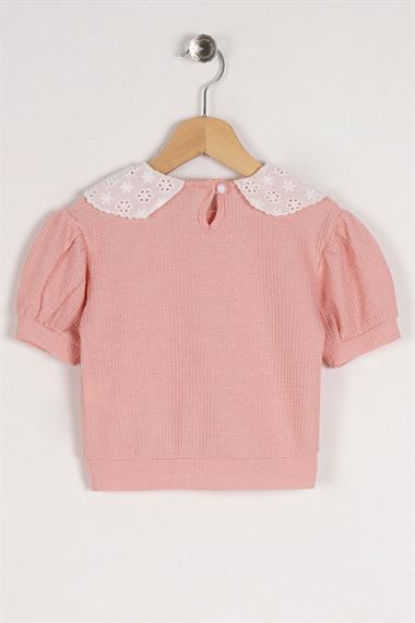Bebe Yaka Dantelli Mini Kareli Pudra Renk Kız Çocuk Tshirt