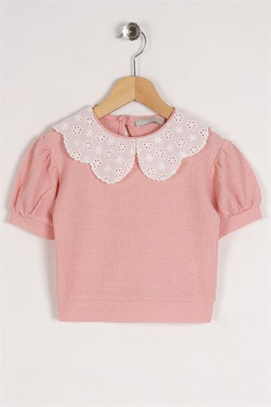 Bebe Yaka Kısa Kol Bebe Yaka Dantelli Mını Karelı Pudra Renk Kız Çocuk Tshirt