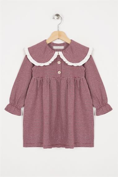 Bebe Yaka Uzun Kol Pötikareli Düğmeli Mürdüm Renk Kız Çocuk Elbise