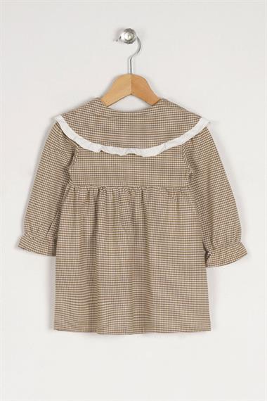 Bebe Yaka Uzun Kol Pötikareli Düğmeli Koyu Bej Renk Kız Çocuk Elbise