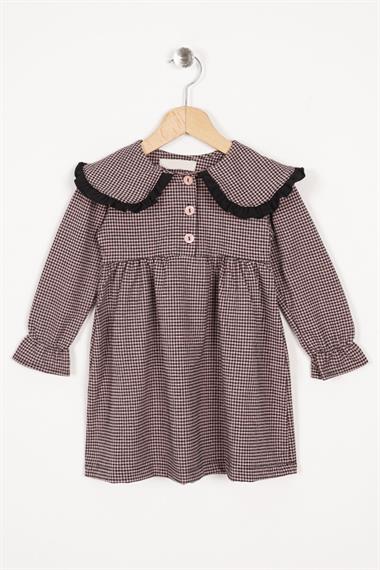 Bebe Yaka Uzun Kol Pötikareli Düğmeli Pudra Renk Kız Çocuk Elbise