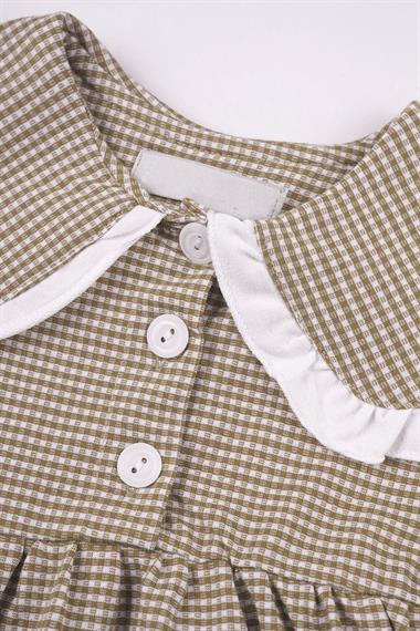 Bebe Yaka Uzun Kol Pötikareli Düğmeli Açık Bej Renk Kız Çocuk Elbise