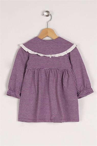 Bebe Yaka Uzun Kol Pötikareli Düğmeli Açık Mor Renk Kız Çocuk Elbise