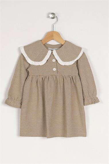 Bebe Yaka Uzun Kol Pötikareli Düğmeli Koyu Bej Renk Kız Çocuk Elbise