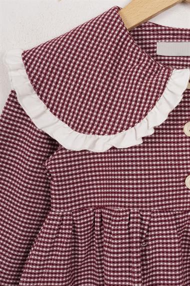 Bebe Yaka Uzun Kol Pötikareli Düğmeli Mürdüm Renk Kız Çocuk Elbise