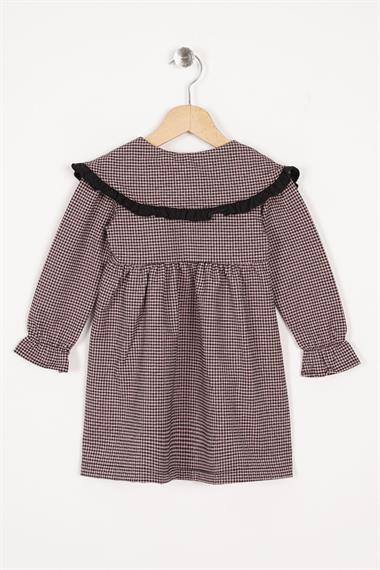 Bebe Yaka Uzun Kol Pötikareli Düğmeli Pudra Renk Kız Çocuk Elbise