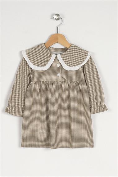 Bebe Yaka Uzun Kol Pötikareli Düğmeli Açık Bej Renk Kız Çocuk Elbise