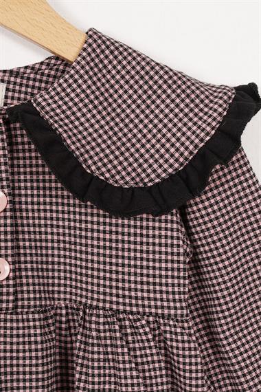 Bebe Yaka Uzun Kol Pötikareli Düğmeli Pudra Renk Kız Çocuk Elbise