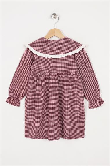 Bebe Yaka Uzun Kol Pötikareli Düğmeli Mürdüm Renk Kız Çocuk Elbise