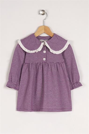 Bebe Yaka Uzun Kol Pötikareli Düğmeli Açık Mor Renk Kız Çocuk Elbise