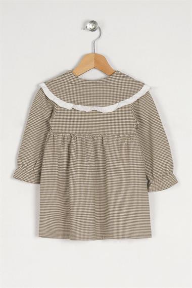 Bebe Yaka Uzun Kol Pötikareli Düğmeli Açık Bej Renk Kız Çocuk Elbise