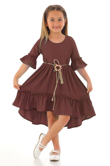Bisiklet Yaka Karpuz Kol Beli Hasır Kuşaklı Koyu Kahverengi Renk Kız Çocuk Elbise