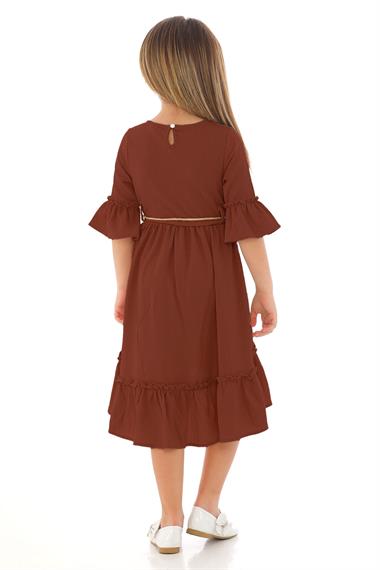 Bisiklet Yaka Karpuz Kol Beli Hasır Kuşaklı Kahverengi Renk Kız Çocuk Elbise