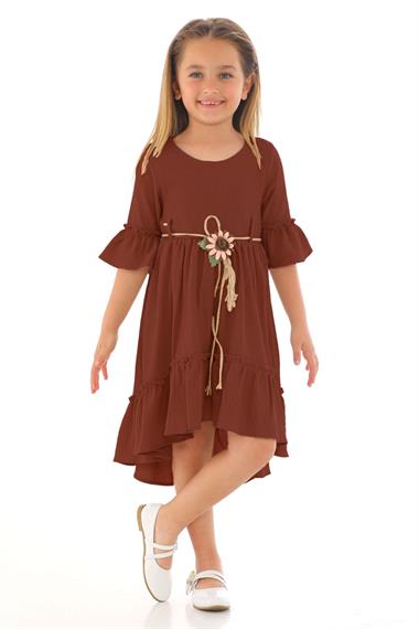 Bisiklet Yaka Karpuz Kol Beli Hasır Kuşaklı Kahverengi Renk Kız Çocuk Elbise