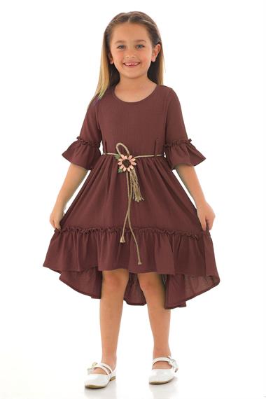 Bisiklet Yaka Karpuz Kol Beli Hasır Kuşaklı Koyu Kahverengi Renk Kız Çocuk Elbise