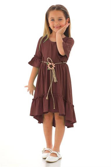 Bisiklet Yaka Karpuz Kol Beli Hasır Kuşaklı Koyu Kahverengi Renk Kız Çocuk Elbise