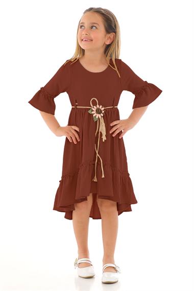 Bisiklet Yaka Karpuz Kol Beli Hasır Kuşaklı Kahverengi Renk Kız Çocuk Elbise
