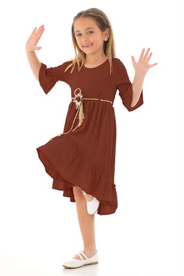 Bisiklet Yaka Karpuz Kol Beli Hasır Kuşaklı Kahverengi Renk Kız Çocuk Elbise
