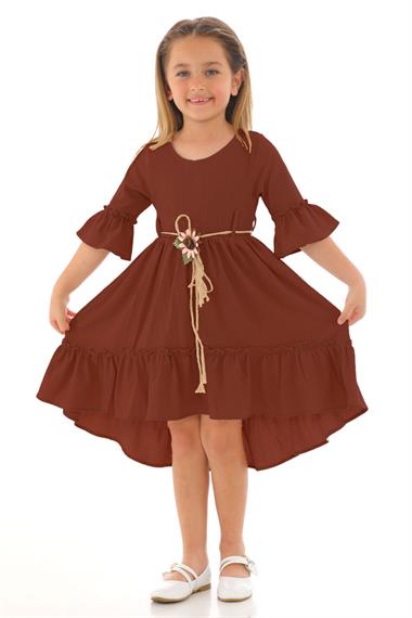 Bisiklet Yaka Karpuz Kol Beli Hasır Kuşaklı Kahverengi Renk Kız Çocuk Elbise