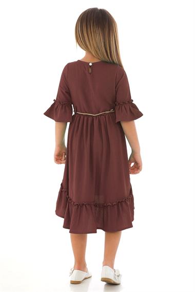 Bisiklet Yaka Karpuz Kol Beli Hasır Kuşaklı Koyu Kahverengi Renk Kız Çocuk Elbise