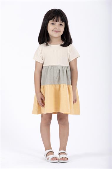 Bisiklet Yaka Kısa Kol Üç Parçalı Çağla Yeşili Renk Kız Çocuk Elbise