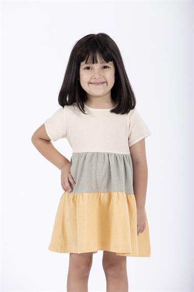 Bisiklet Yaka Kısa Kol Üç Parçalı Çağla Yeşili Renk Kız Çocuk Elbise