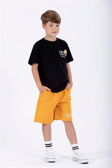 Yazı Baskılı Siyah Renk Erkek Çocuk Kaprili Takım