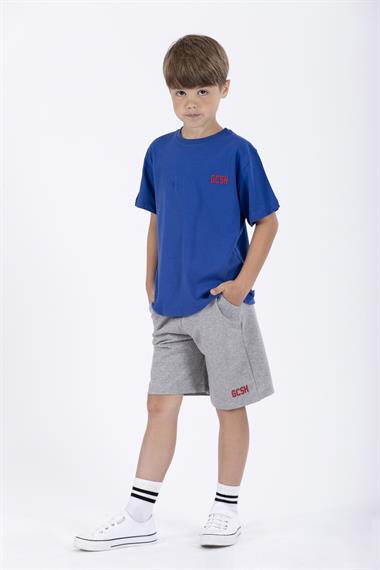 Bisiklet Yaka Kısa Kol Arma Baskılı Saks Renk Erkek Çocuk Şortlu Takım