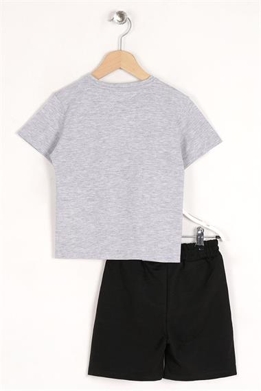Bisiklet Yaka Kısa Kol Arma Baskılı Gri Renk Erkek Çocuk Şortlu Takım