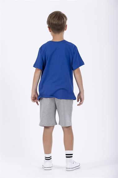 Bisiklet Yaka Kısa Kol Arma Baskılı Saks Renk Erkek Çocuk Şortlu Takım