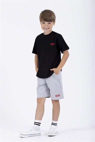 Bisiklet Yaka Kısa Kol Arma Baskılı Siyah Renk Erkek Çocuk Şortlu Takım