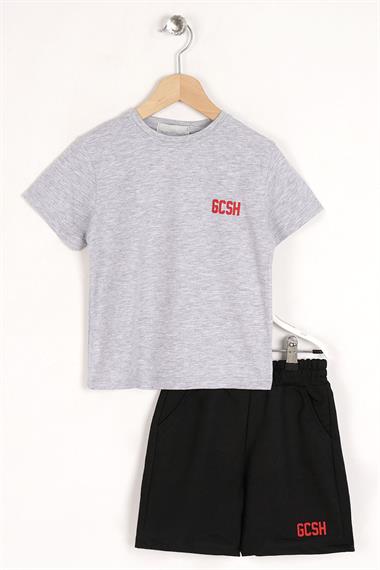 Bisiklet Yaka Kısa Kol Arma Baskılı Gri Renk Erkek Çocuk Şortlu Takım