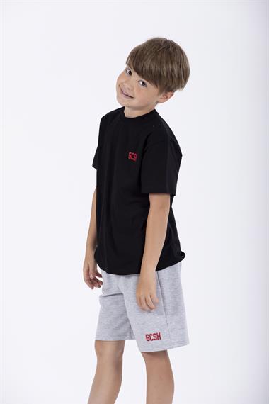 Bisiklet Yaka Kısa Kol Arma Baskılı Siyah Renk Erkek Çocuk Şortlu Takım